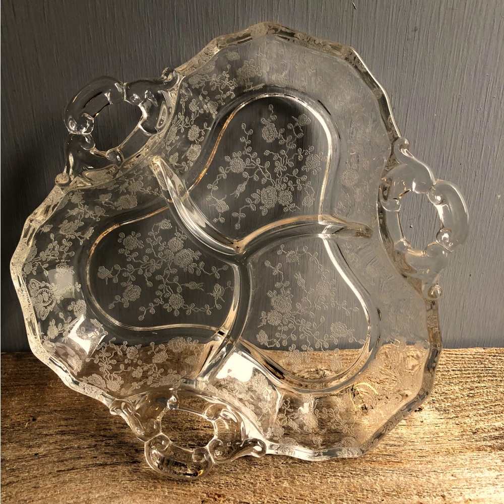 Cambridge vaseline glass plater etched rose yellow 3 sections